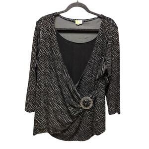 Vtg Elementz Faux Wrap Top Size 1X Black Velvet Silver Sparkly Y2K Holiday Glam